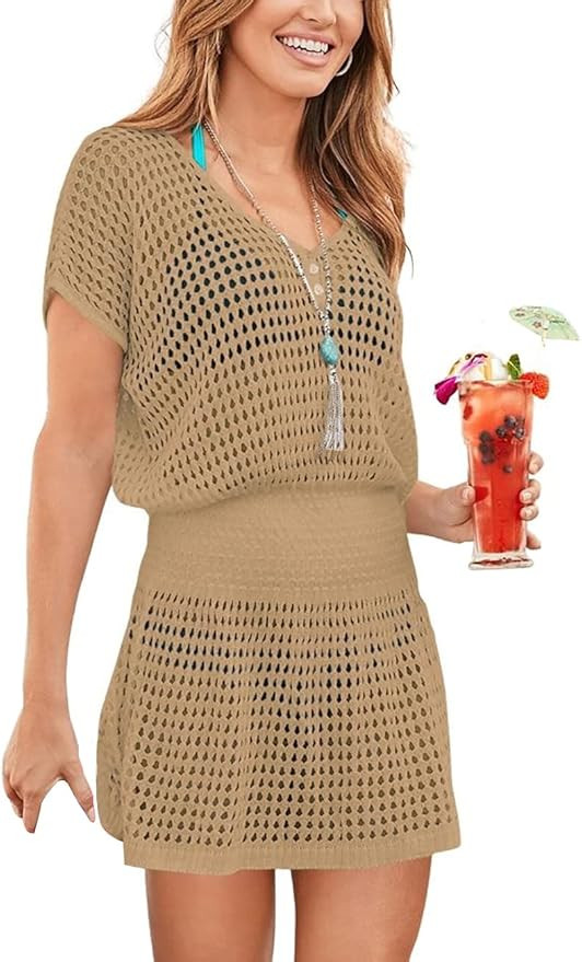 Bsubseach Women Crochet Hollow Out Swim Cover Ups Short Sleeve Beach Swimwear Tunic Dress | Amazon (US)