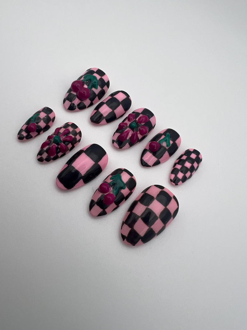 Checkered With 3D Cherries Press-on Nail Set Hand-painted Nail Glue Included - Etsy | Etsy (US)