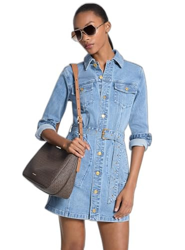 Michael Kors Women's Belted Denim Mini Dress, Blue Sky Wash, Large | Amazon (US)