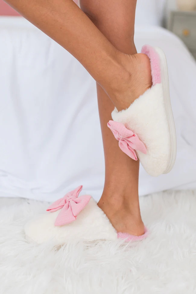 Pink Fur Bow Slippers | Pink Lily