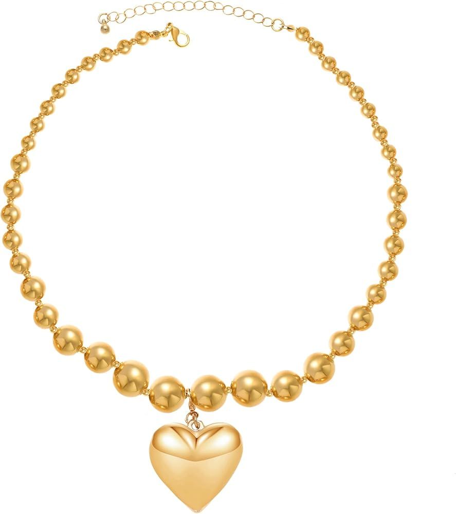 Chunky Puffy Heart Choker Necklace for Women Y2k Heart Gold Pendant Necklace Jewelry | Amazon (US)