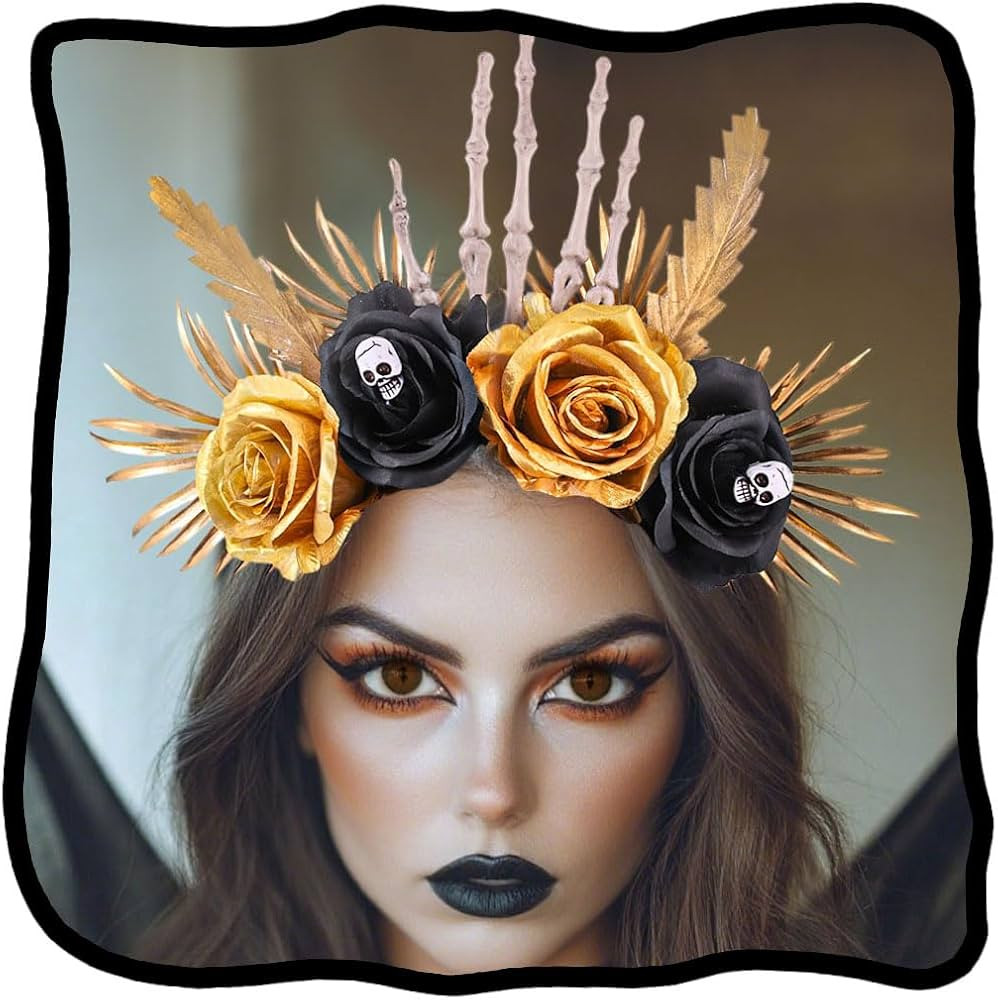 Woeoe Day of the Dead Flower Crown Black Headband Feather Floral Gothic Crown Cosplay Dress up Co... | Amazon (US)