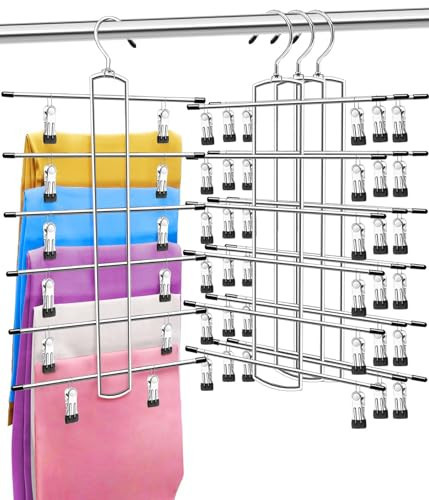 3 Pack Closet Organizers and Storage,6 Tiers Skirt Pants Hangers with Clips Space Saving for Home Organization and Storage,College Dorm Room Essentials for Girls Guys,Wardrobe Clothes Organizer | Amazon (US)