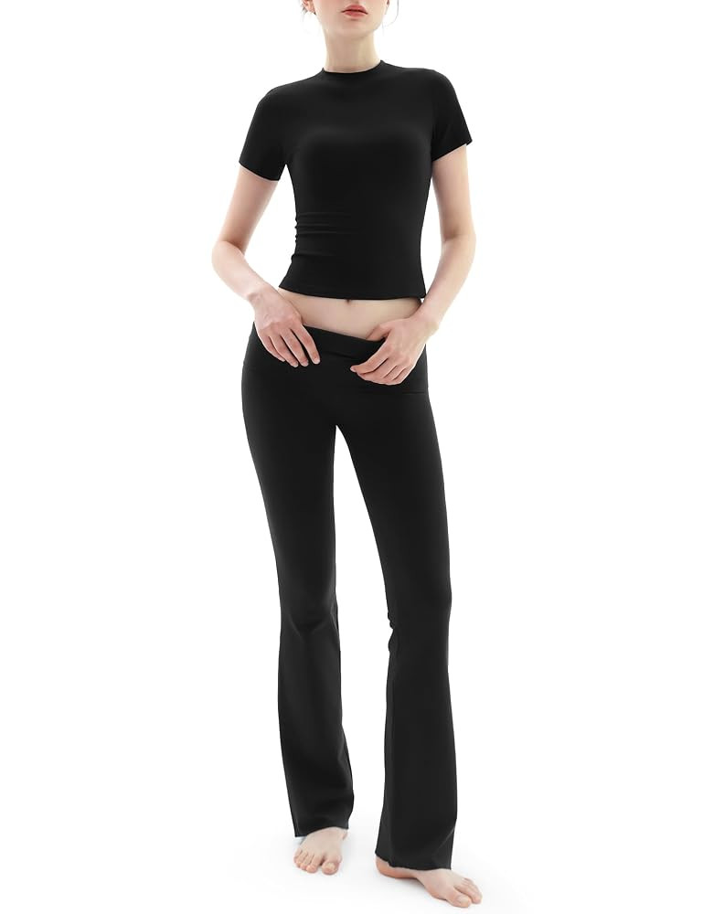 PUMIEY Women's 2 Piece Lounge Sets Short Sleeve Tops Fold-Over Flare Pants Casual Outfits Matchin... | Amazon (US)