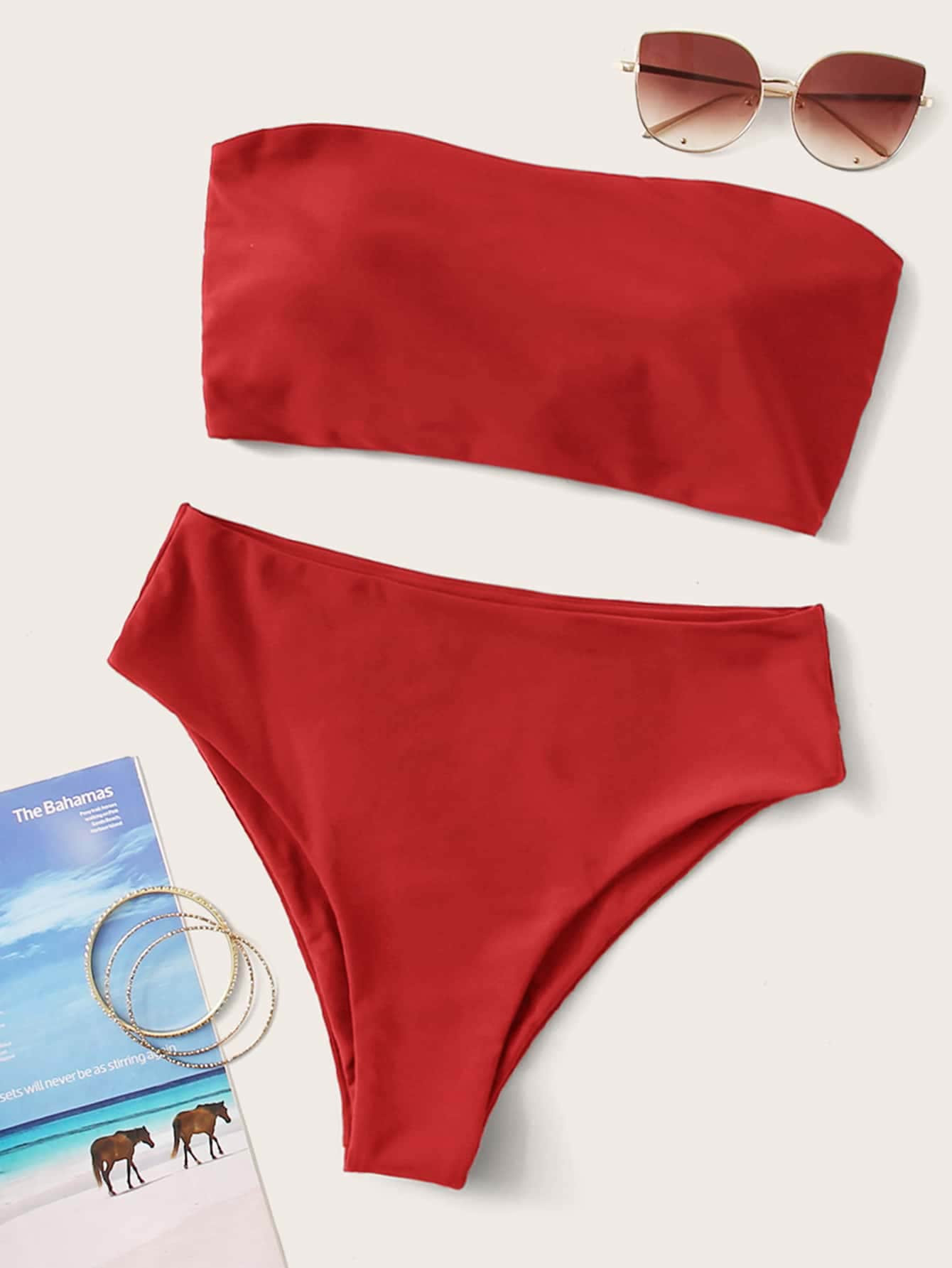 SHEIN Swim Summer Beach Solid Bikini Set Lace Up Back Reversible Tube Bra & High Waisted Bottom 2... | SHEIN