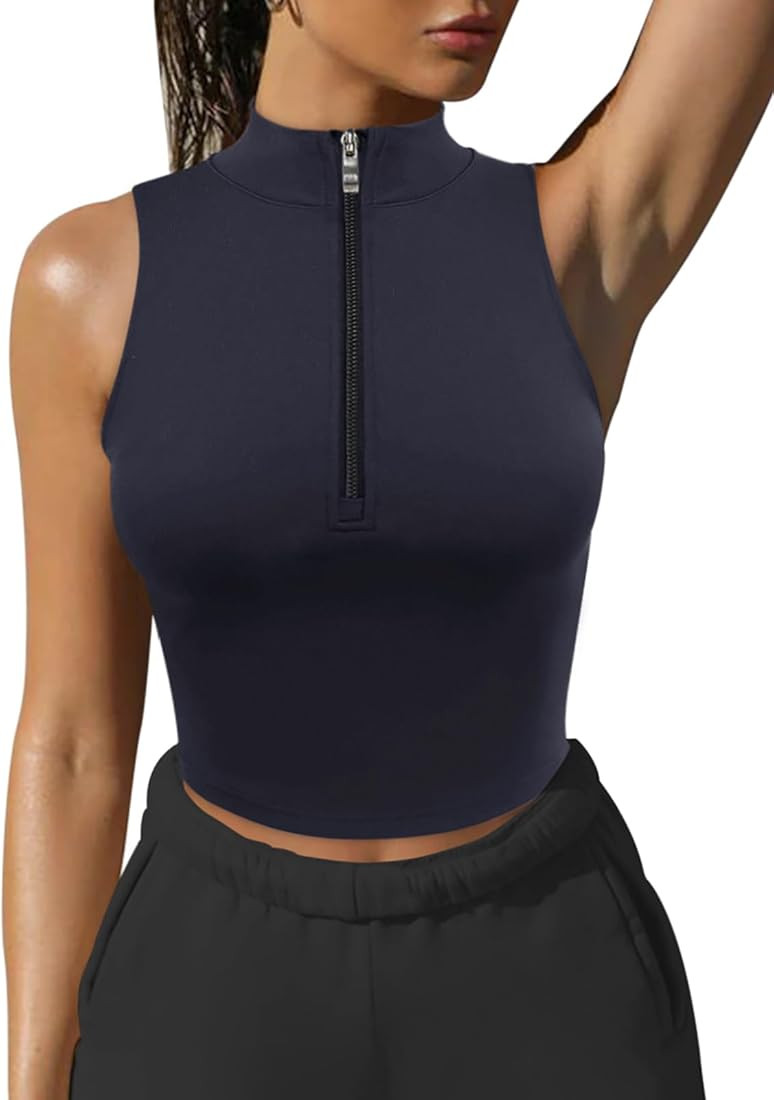 LASLULU Womens Half Zipper Workout Top Racerback Yoga Short Tank Tops Collar Athletic Shirt Slim ... | Amazon (US)
