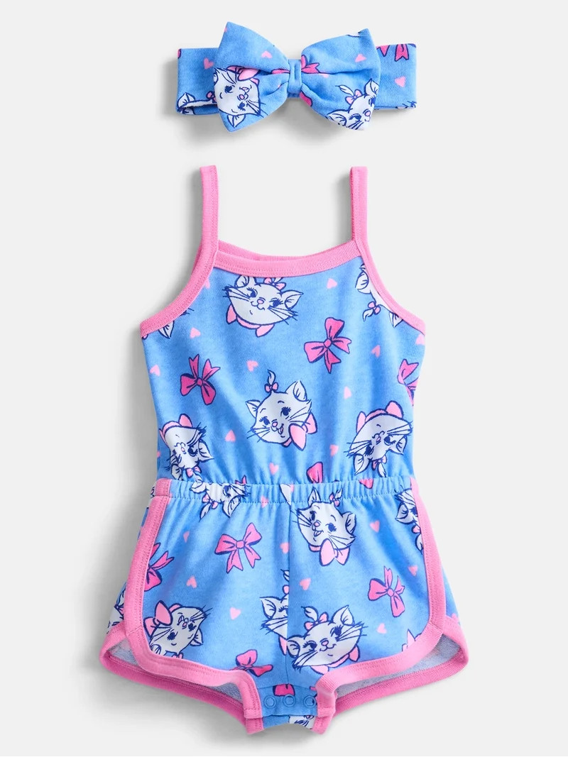 Disney Classics Marie Baby Girls Spaghetti Strap Print Romper with Matching Bow Headband, Sizes 0... | Walmart (US)