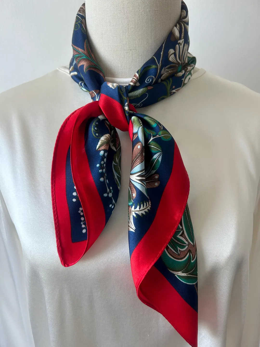 Mulberry Silk Scarf: Floral Print Neckerchief, Red Blue Navy 26" - Etsy | Etsy (US)