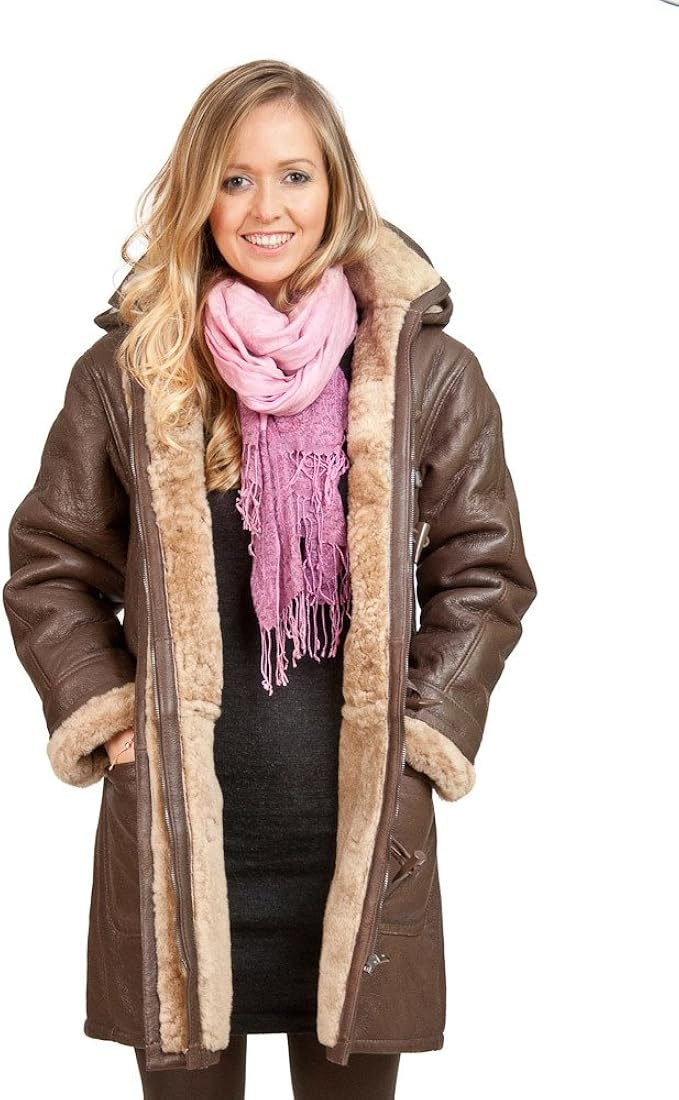 Women's Brown Long Winter Hooded Real Shearling Sheepskin Leather Duffle Coat | Amazon (US)