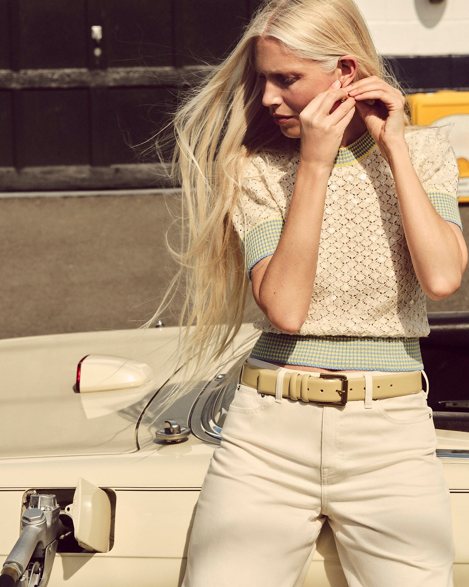 Sequin pointelle sweater-tee with striped trim | J. Crew US