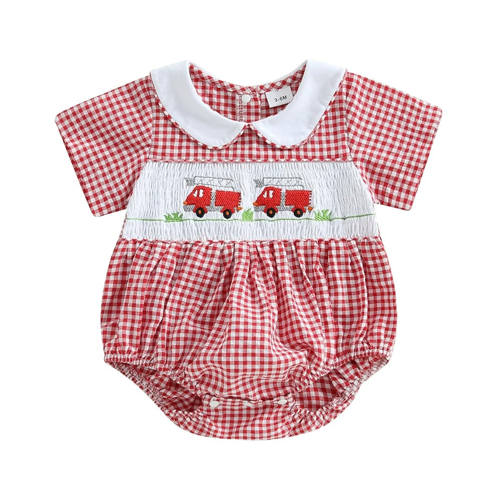 Honganda Newborn Infant Baby Girl Bubble Romper Fire Truck Doll Collar Short Sleeve Smocked Onesi... | Amazon (US)