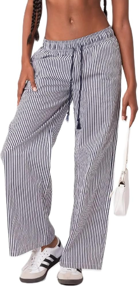 Luckinbaby Women Drawstring Striped Baggy Pants Low Rise Straight Wide Leg Lounge Bottoms Contras... | Amazon (US)