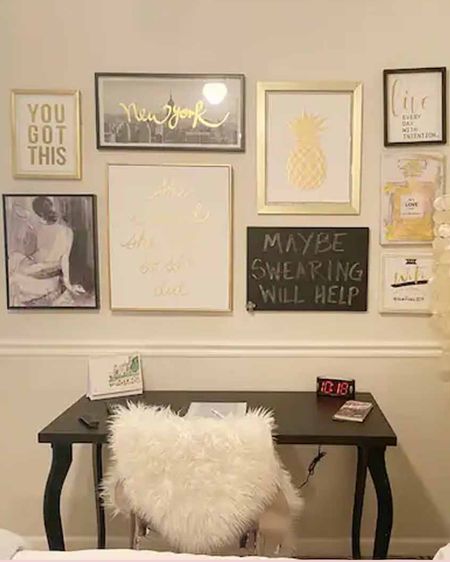 Home office work area, Airbnb work space, black desk, lucite chair with fur throw, gallery wall art, desk table lamp, alarm clock, amazon finds 

#LTKstyletip #LTKFind #LTKhome