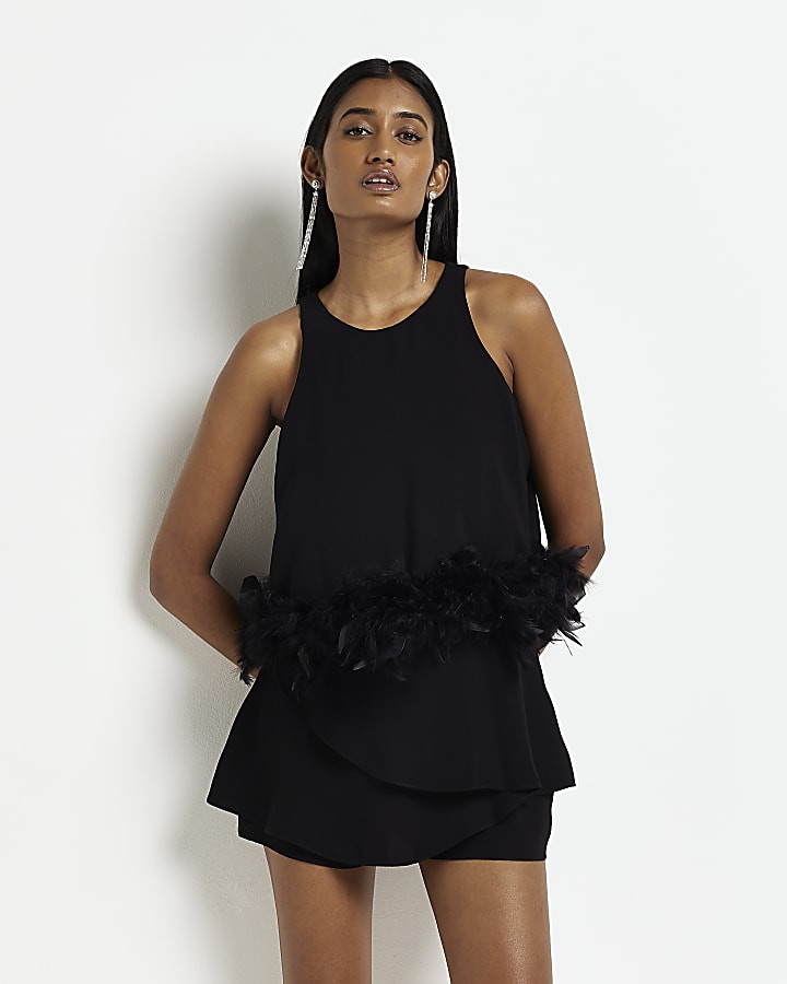 Black sleeveless feather trim playsuit | River Island (UK & IE)