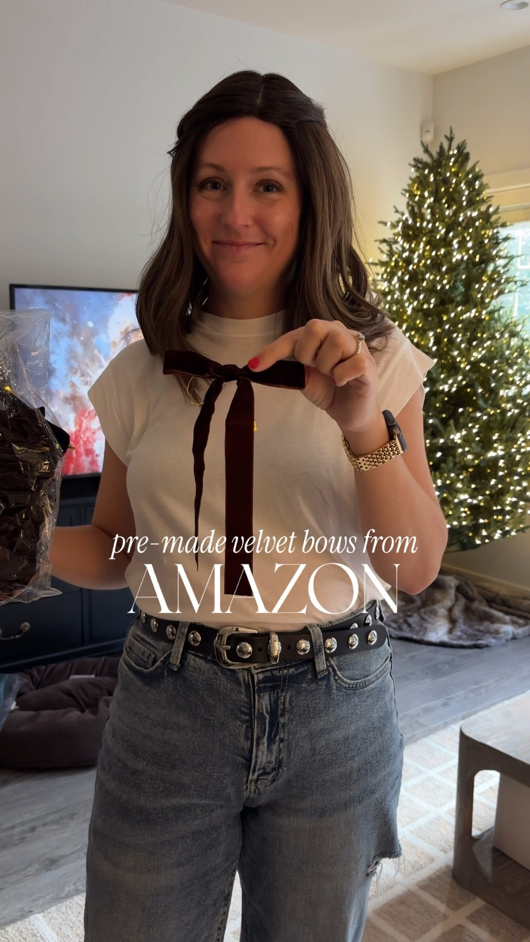 Amazon home find! These pre-made velvet bows from Amazon are such an affordable & easy way to dress up your home for the holidays with minimal effort & cost. There are 24 to a pack and you just easily twist-tie them on whatever you want to stick them to (even the dog). I love decorating for Christmas, and these Christmas bows make it so easy. 🎀 I got the brown in one inch width. 

#LTKHoliday #LTKFindsUnder50 #LTKHome