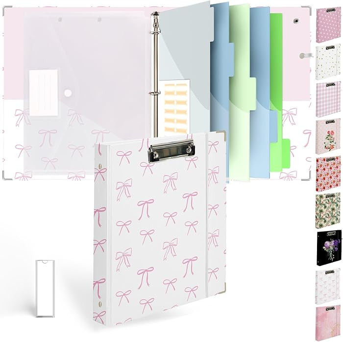 3 Ring Binder 1 inch with Clipboard - White & Pink Bow Design, Includes Dividers, File Bag & Spin... | Amazon (US)