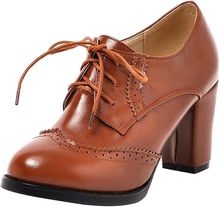 Dear Time Block Heels Wingtip Oxfords Vintage PU Leather Brogue Shoes Woman | Amazon (US)