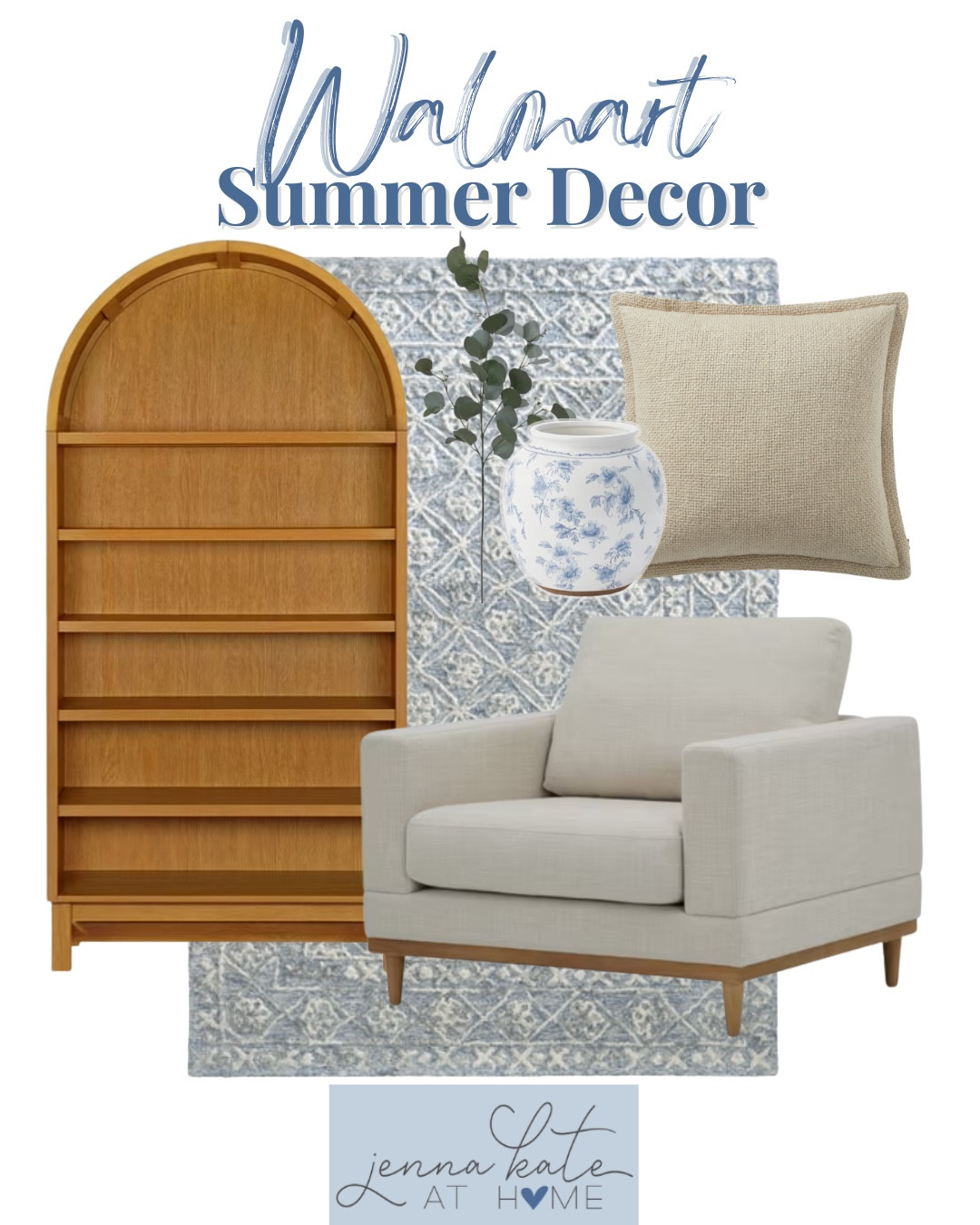 Walmart must haves include area rug, accent chair, throw pillow, vase, greenery stem, and arched bookcase.

Home decor, looks for less, home accents, neutral home, coastal home

#LTKHome #LTKSeasonal #LTKSaleAlert
