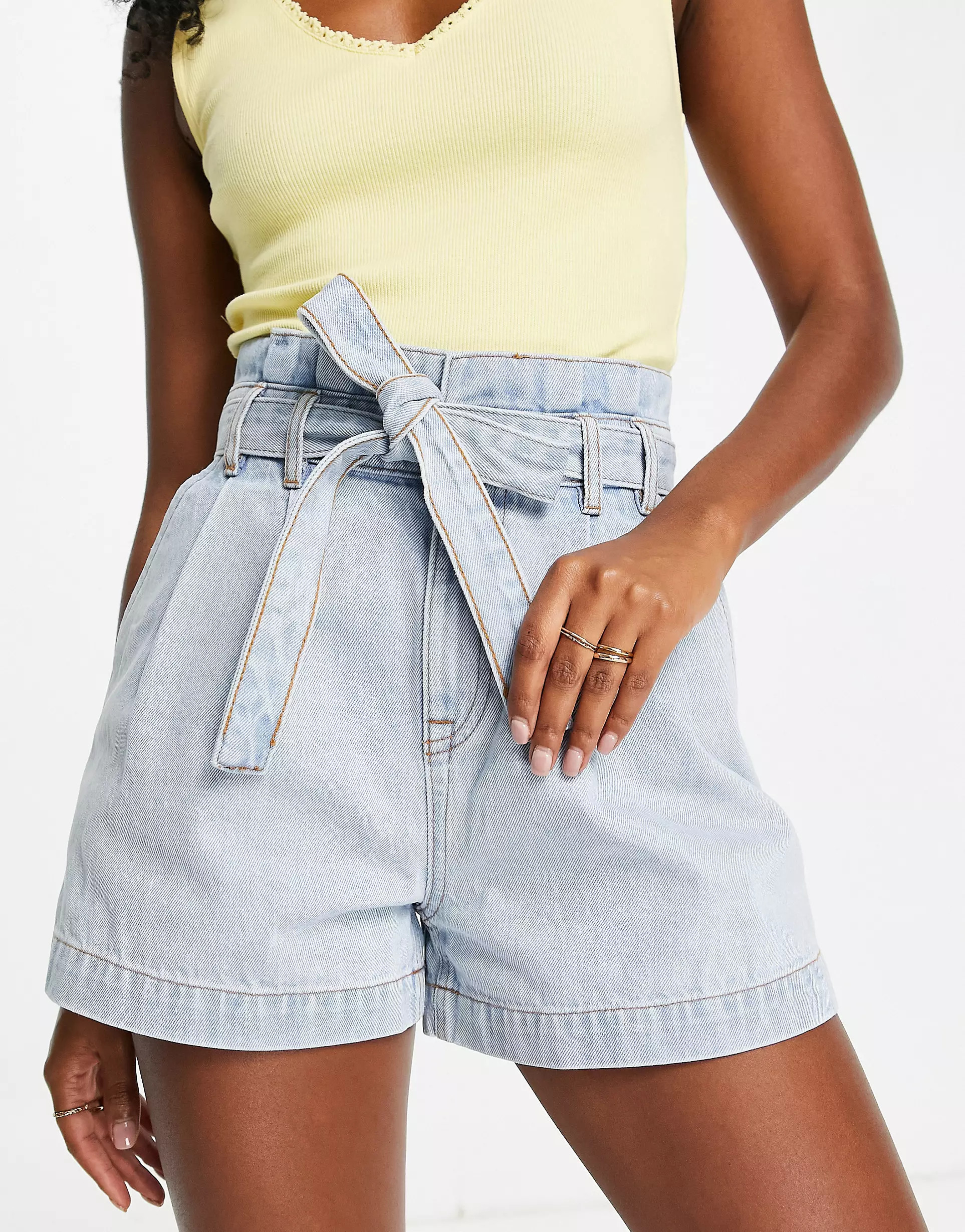 Miss Selfridge tie waist denim short in midwash blue | ASOS (Global)