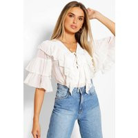 Womens Woven Ruffle Lace Up Blouse - White - 4 | boohoo (US & Canada)