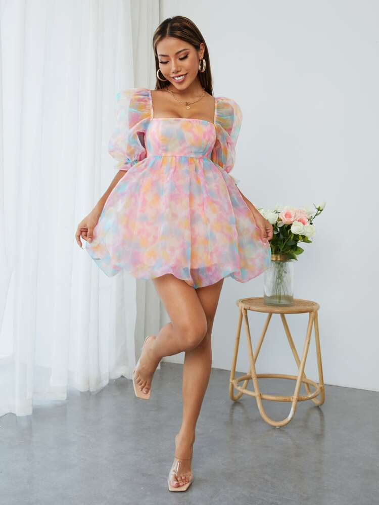 SHEIN PETITE Tie Dye Square Neck Puff Sleeve Organza Dress | SHEIN