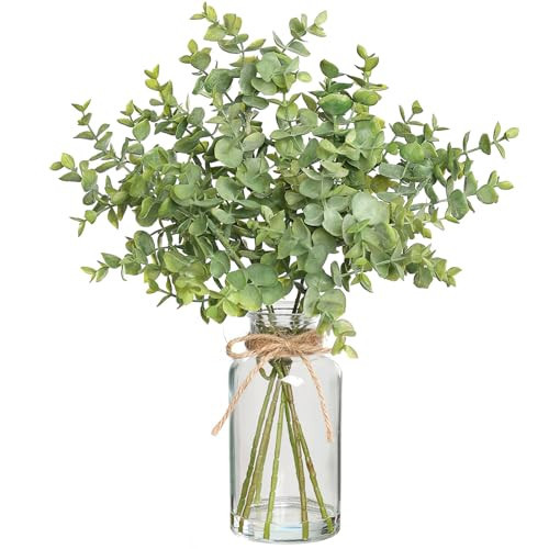 Zheart Fake Eucalyptus Stems in Glass Vase with Faux Water,14" Artificial Plants Eucalyptus Leaves for Shelf Desk Bathroom Farmhouse Room Coffee Table Home Decor (Sage Green) | Amazon (US)