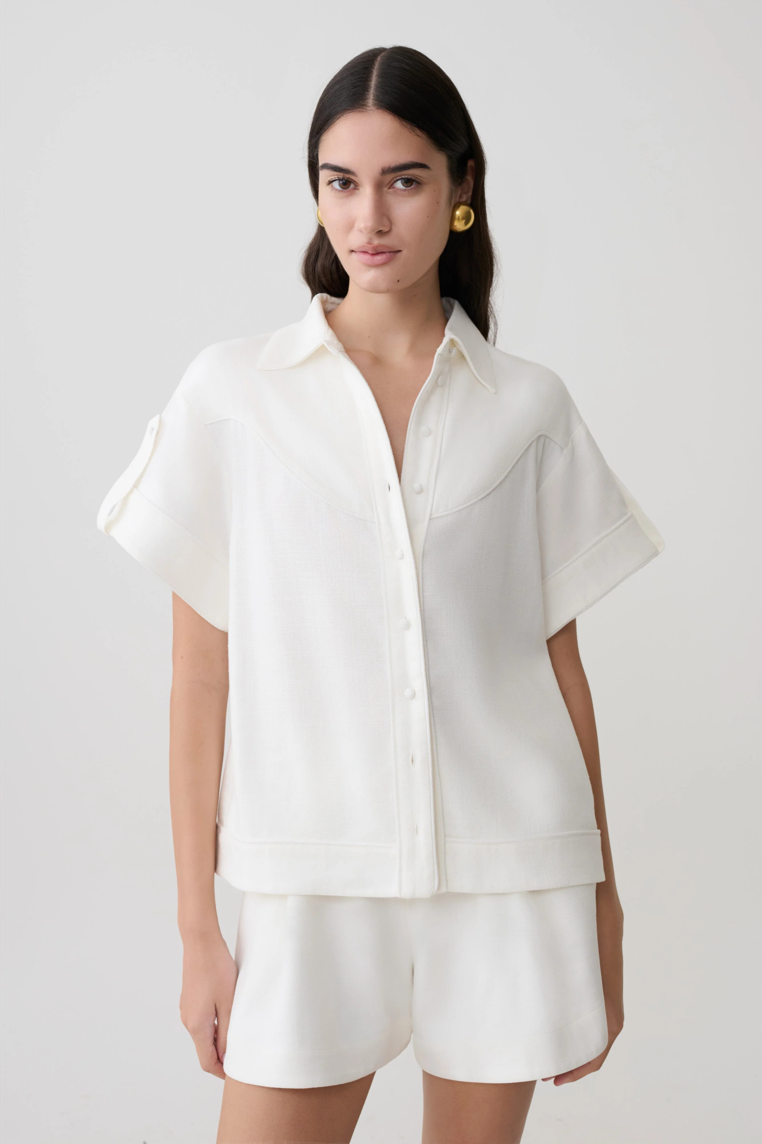 Selena Linen Short Sleeve Shirt - White | Meshki UK