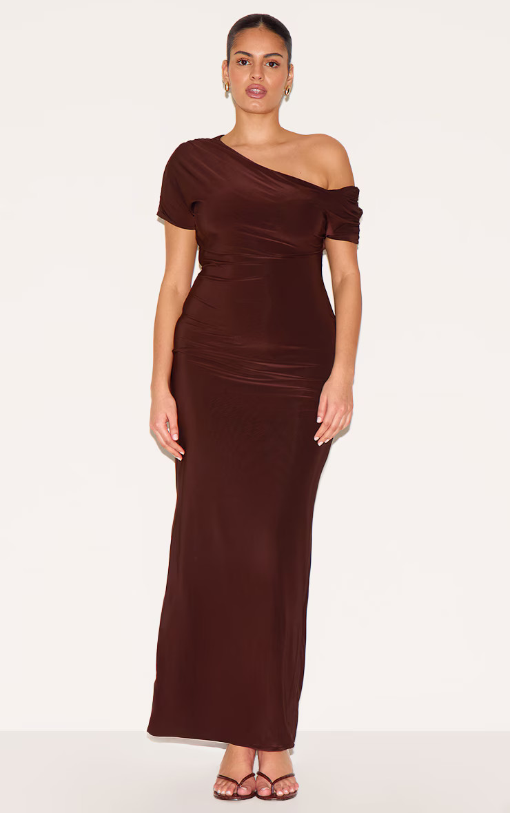 Plus Dark Chocolate Double Layer Slinky Asymmetric Ruched Sleeve Maxi Dress | PrettyLittleThing UK