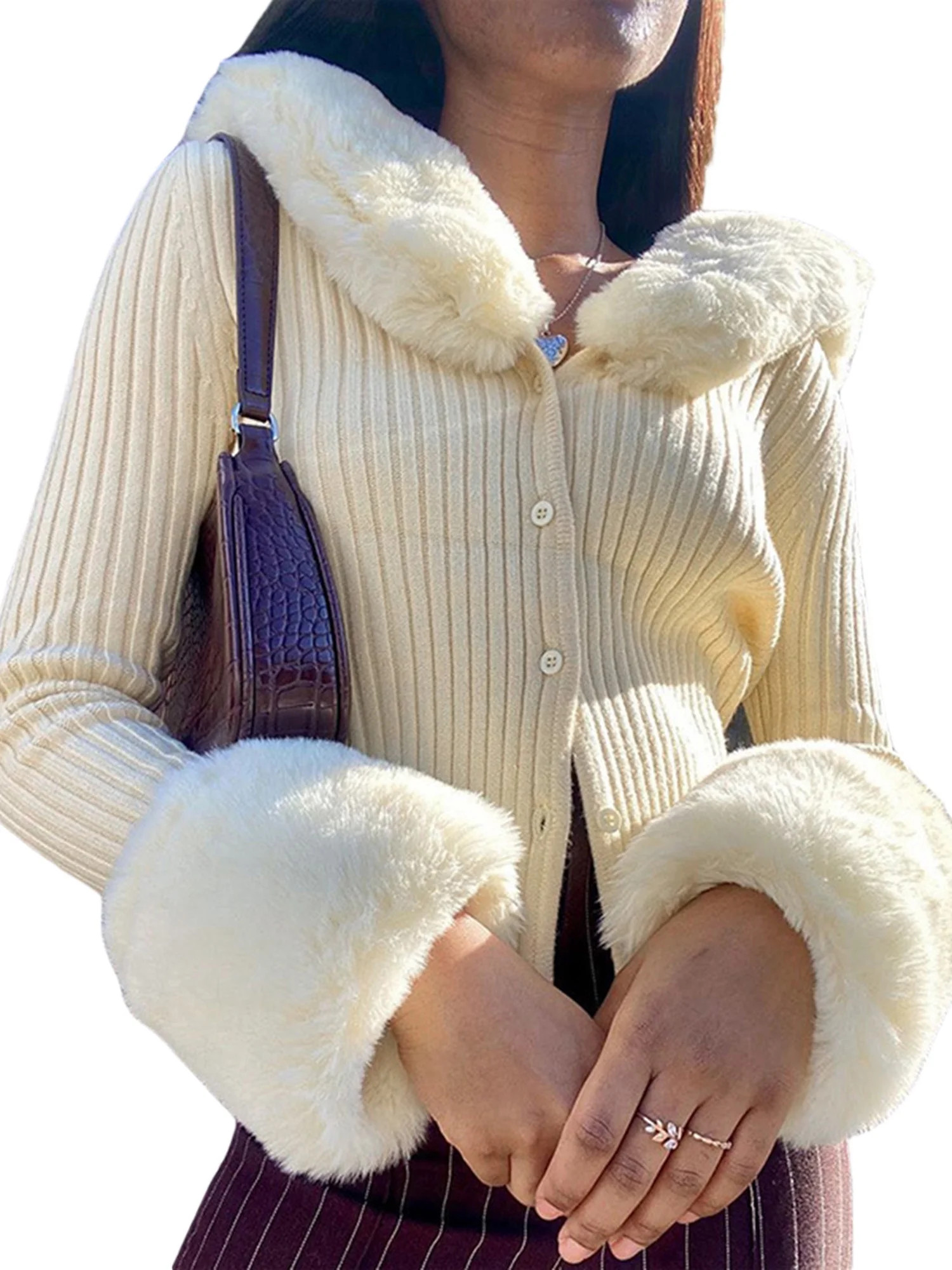 Carolilly Women´s Button Down Cardigan Casual Long Sleeve V Neck Faux Fur Trim Slim Fit Sweater | Walmart (US)