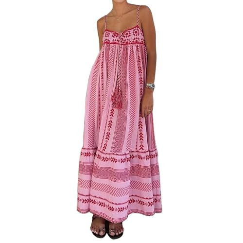 ABYOVRT Women Boho Maxi Dress Crochet Patchwork Sleeveless Long Flowy Swing Dress Pink Beach Sundresses (Pink,XS) | Amazon (US)