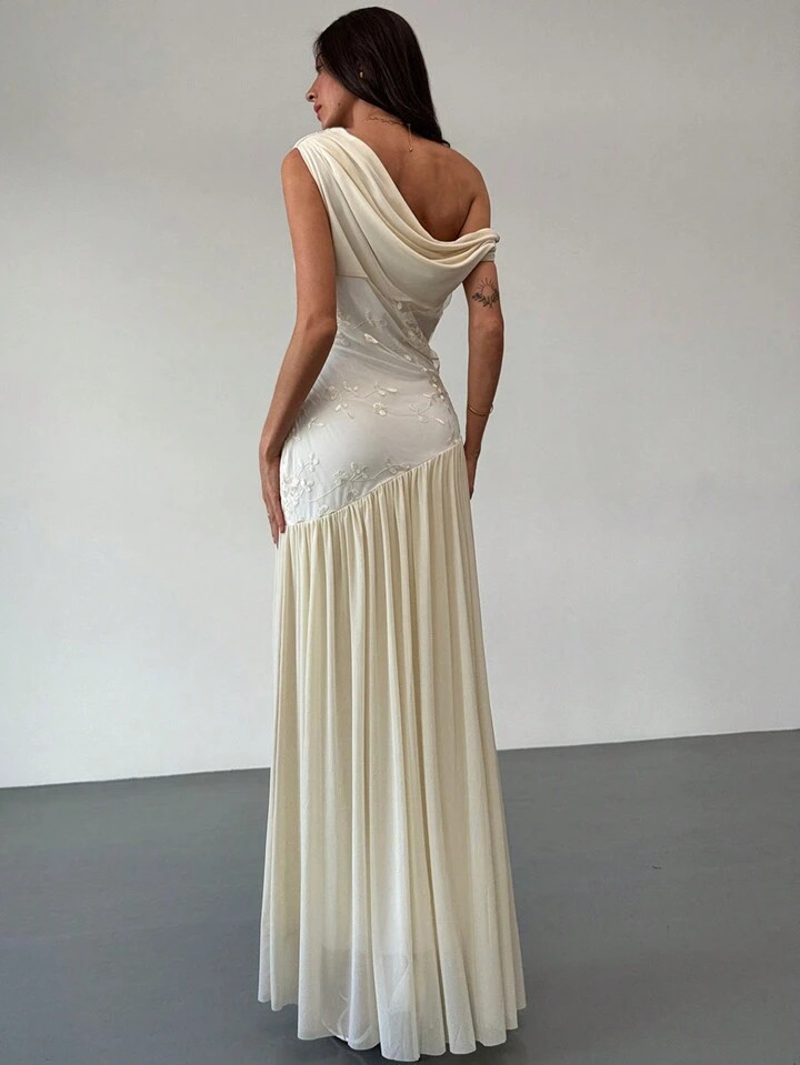 Aloruh New Off Shoulder Contrast Color Mesh Floral Embroidered Asymmetric Hem Maxi Stretch Dress,... | SHEIN