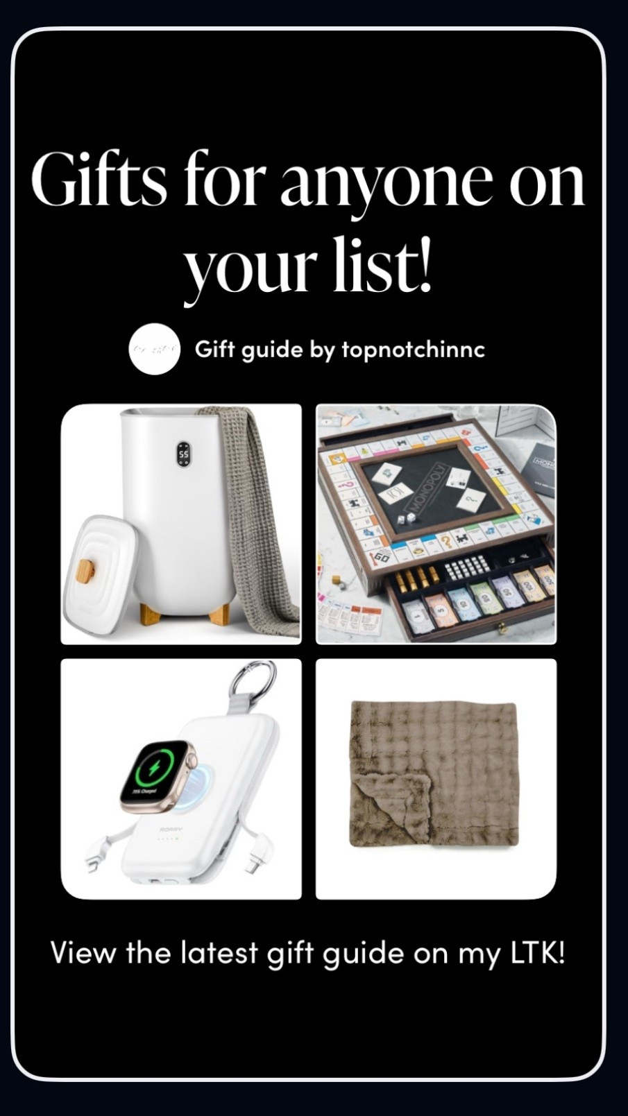 No size needed to buy these gifts! This gift guide is for everyone on your list - quality and elevated items. From pretty family board games to bath robes, to car charging stations, form and function will make this gifting season less wasteful and more memorable! 

#LTKgiftguide
Gift guide

#LTKGiftGuide #LTKSeasonal