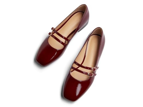Coutgo Women's Mary Jane Flats Square Toe Ballet Flats Double Strap Slip On Dressy Shoes for Work Office, Burgundy, Size 10 | Amazon (US)