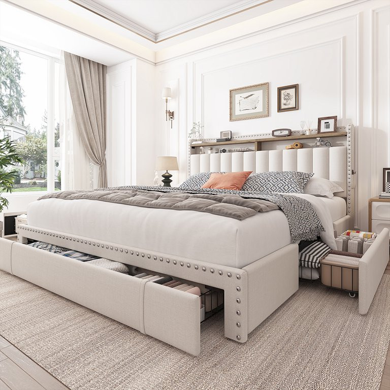 EnHomee Queen Bed Frame with 3 Storage Drawers Upholstered Queen Size Bed Frame with Headboard No... | Walmart (US)