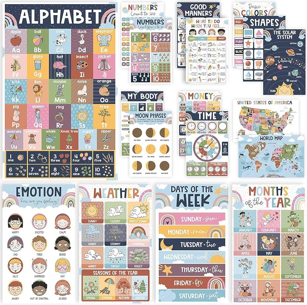 18 Educational Posters For Toddlers, Alphabet Poster, Boho Teachers Kindergarten Classroom Decor ... | Amazon (US)