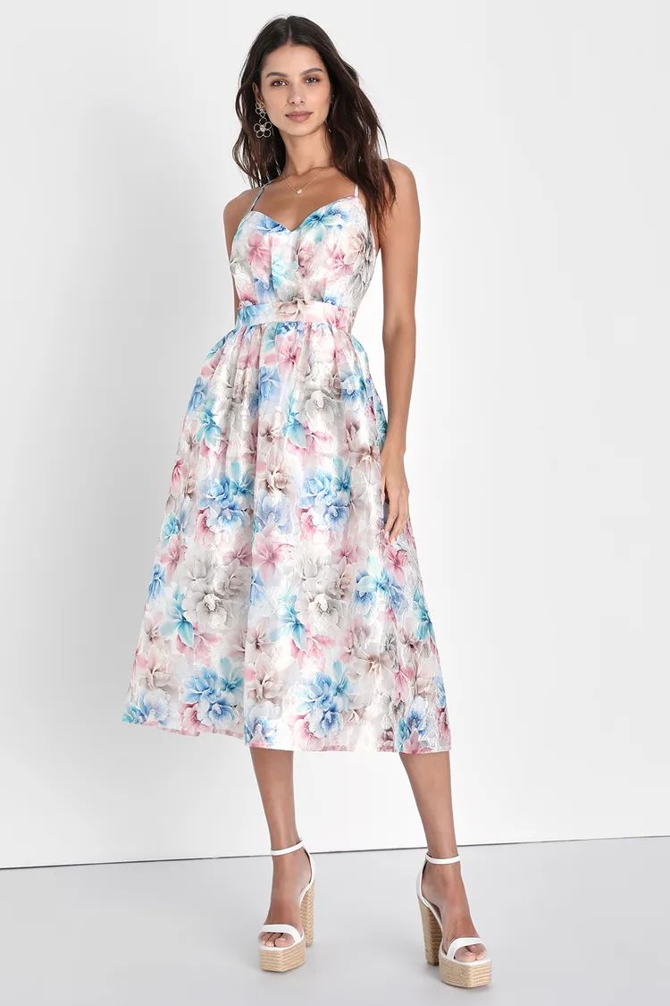Refined Eloquence Mauve Multi Floral Jacquard Midi Dress | Lulus