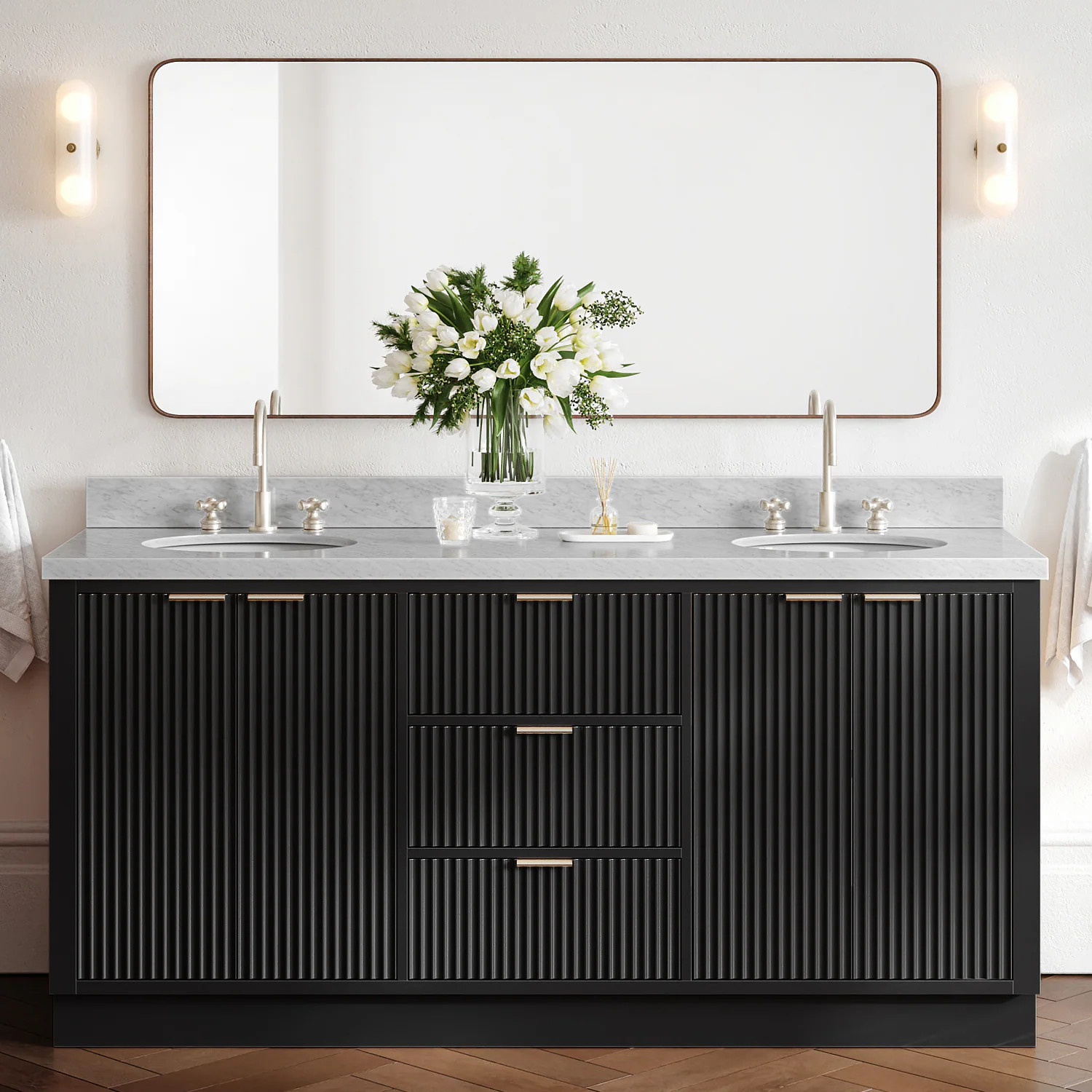 ARIEL Milan 73-in Black Undermount Double Sink Bathroom Vanity with Carrara White Marble Marble Top | P73DCWOVOBLK | Lowe's