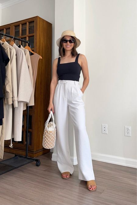 Warm weather vacation outfit idea styling the white Abercrombie Sloane pants 🤍 

• pants - wearing 25 regular, I would recommend getting the petite length if you’re under 5’4” (or have shorter legs)
• top - xs 
• bucket hat - on sale 
• sunglasses - linked to similar option 

Vacation / travel / warm weather 

#LTKsalealert #LTKstyletip #LTKtravel