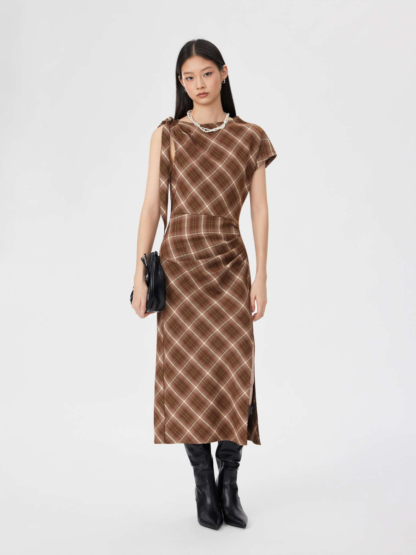 Woven Plaid Asymmetrical Neck Knotted Split Maxi Dress For Daily Casual | Cider