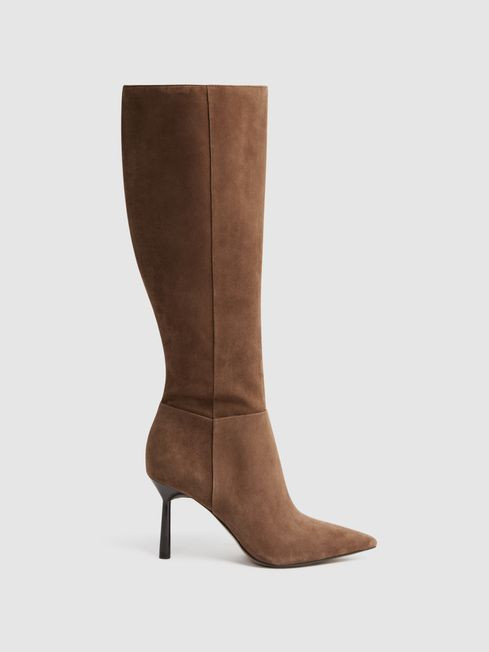 Reiss Tan Gracyn Leather Knee High Heeled Boots | Reiss UK