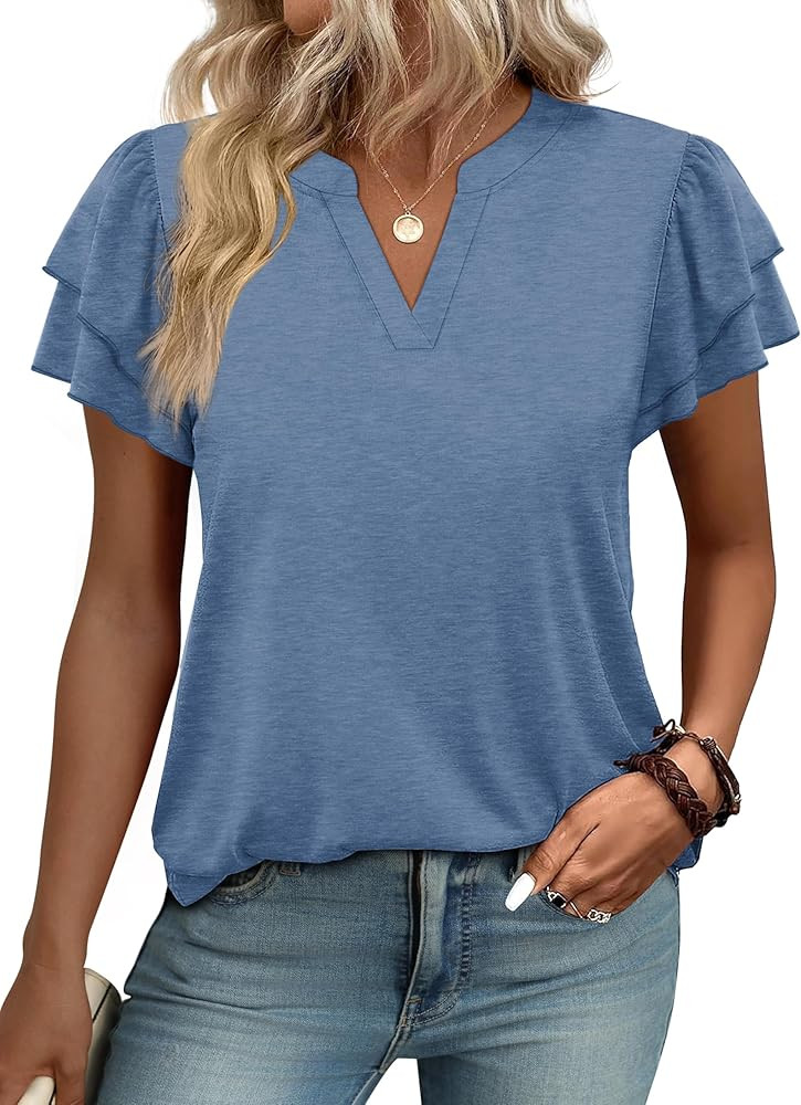 OFEEFAN Womens Blouses Dressy Casual Flutter Sleeve V Neck Tops Business Casual Outfits | Amazon (US)