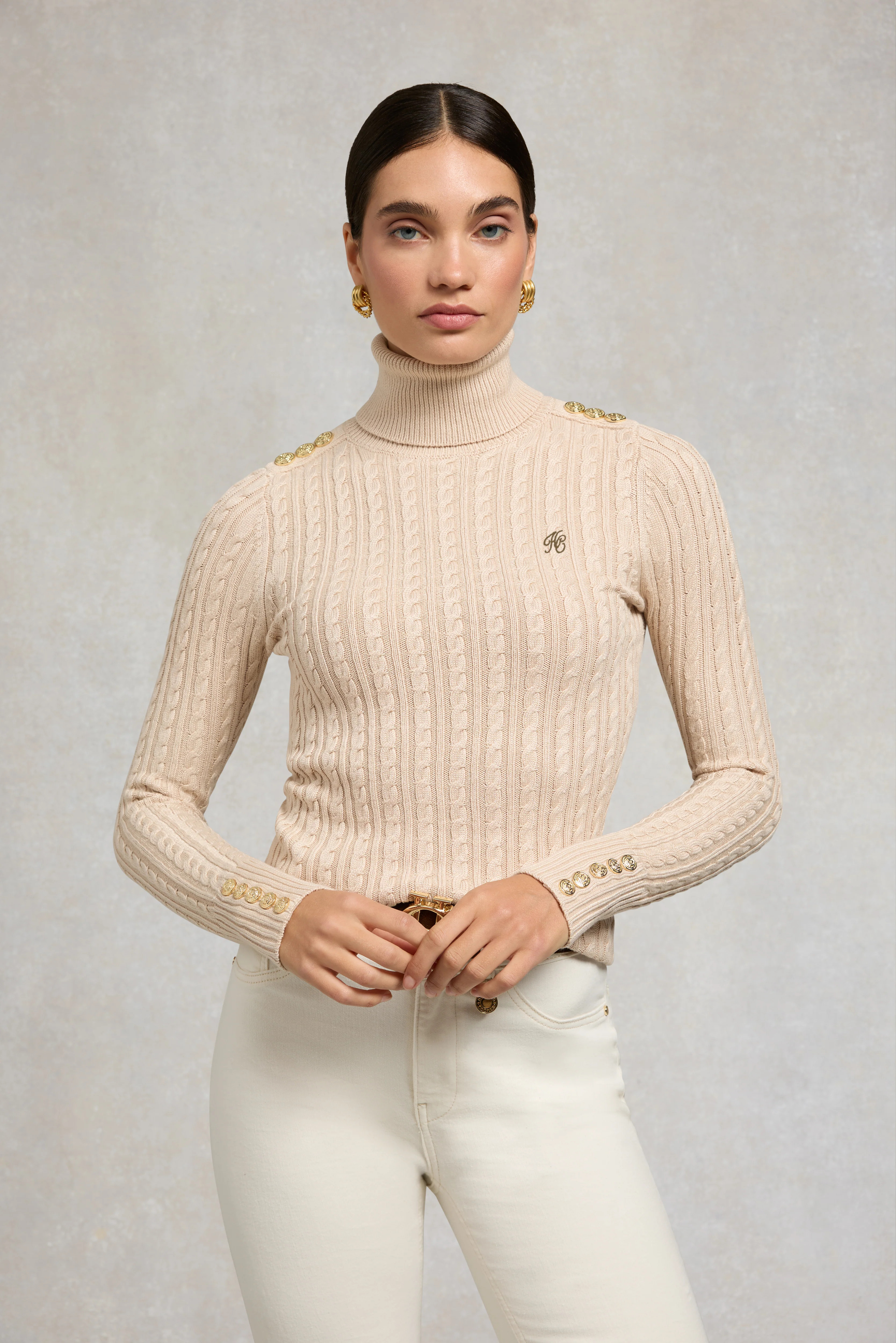 Seattle Roll Neck Cable Knit (Oatmeal) | Holland Cooper