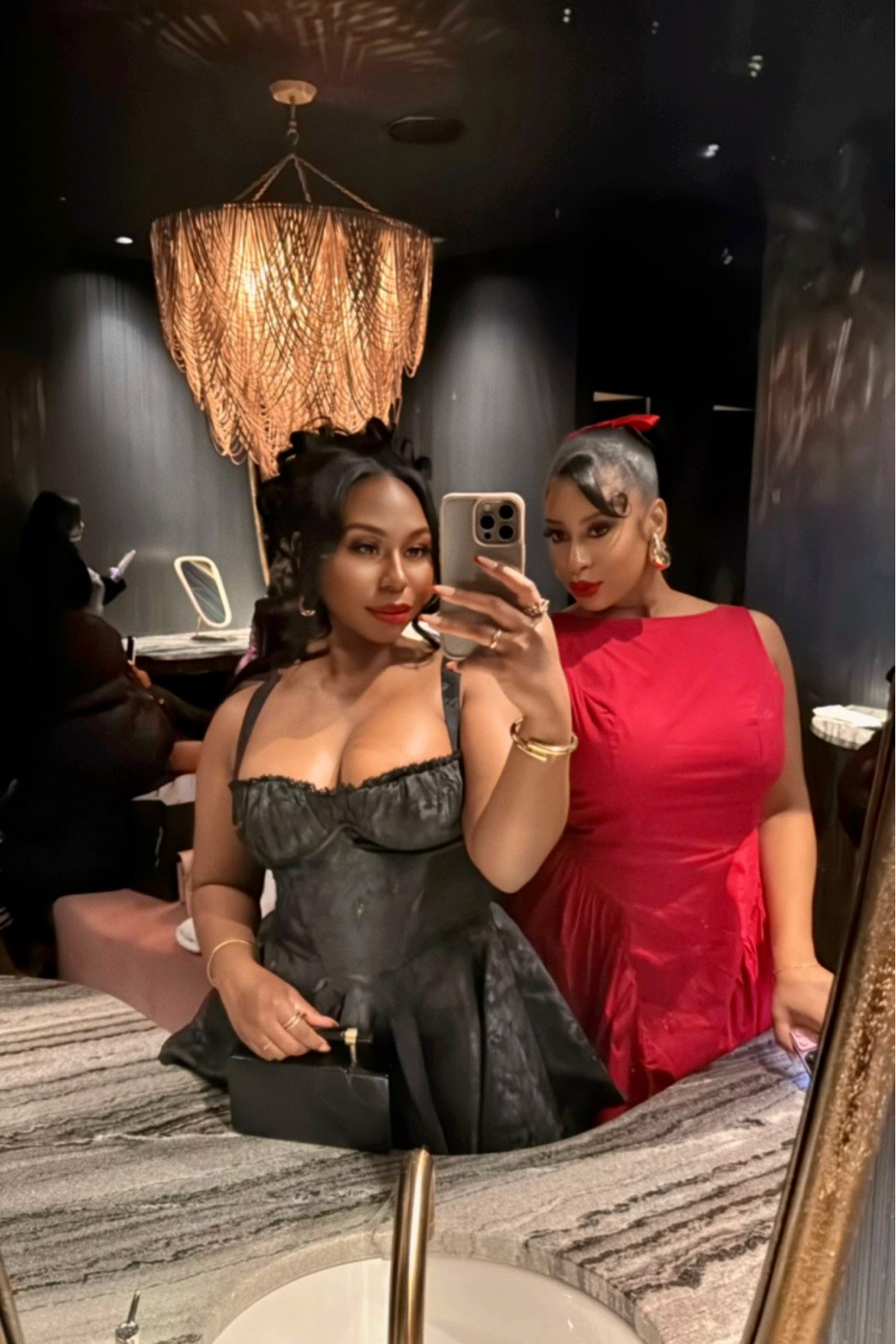 Girls Night out look, black corset dress, jacquard mini dress, structured fit, flared skirt, gold accessories, hoop earrings, layered bracelets, statement rings, black patent clutch, YSL clutch, bold red lipstick, gold perfume bottle, slingback heels, pointed-toe heels, black stilettos, elegant heels, date night outfit, cocktail party look, clubbing attire, fancy dinner outfit, holiday party style, girls’ night out, sophisticated ensemble, chic fashion, trendy nightwear, Valentine’s Day, Galentine’s Day, luxurious style, elevated evening look, black dress, red dress, bows, stockings, sheer stockings. 

#LTKParties #LTKStyleTip #LTKBeauty