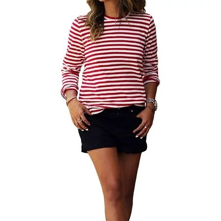 Casual Red White Striped Tshirt Women Long Sleeve Cotton Loose Tee T Shirt | Walmart (US)