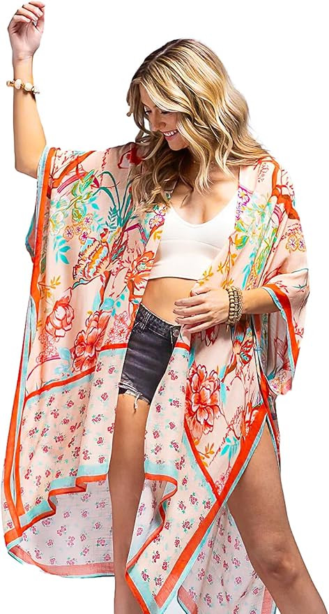 Moss Rose Women's Beach Cover up Swimsuit Kimono with Bohemian Floral Print, Loose Casual Resort ... | Amazon (US)
