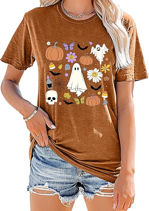 Halloween Shirts for Women: Spooky Season T-Shirt Funny Halloween Doodles Tees Halloween Party To... | Amazon (US)