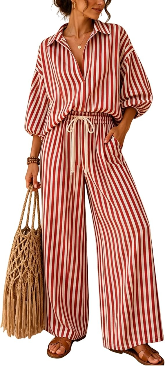 Tanming Women's Striped Matching Sets 2 Piece Fall Outfits | 3/4 Sleeve V Neck Button Down Henley... | Amazon (US)