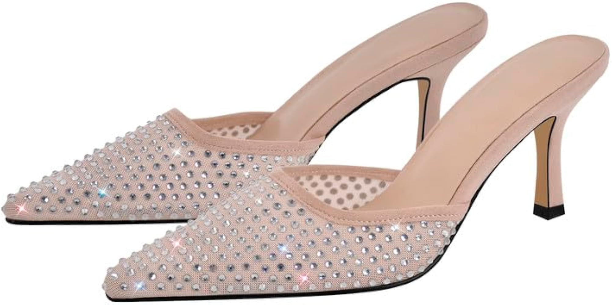 sexytag Rhinestone Mesh Kitten Heels for Women Slip On Mules Pointed Toe Pumps | Amazon (US)