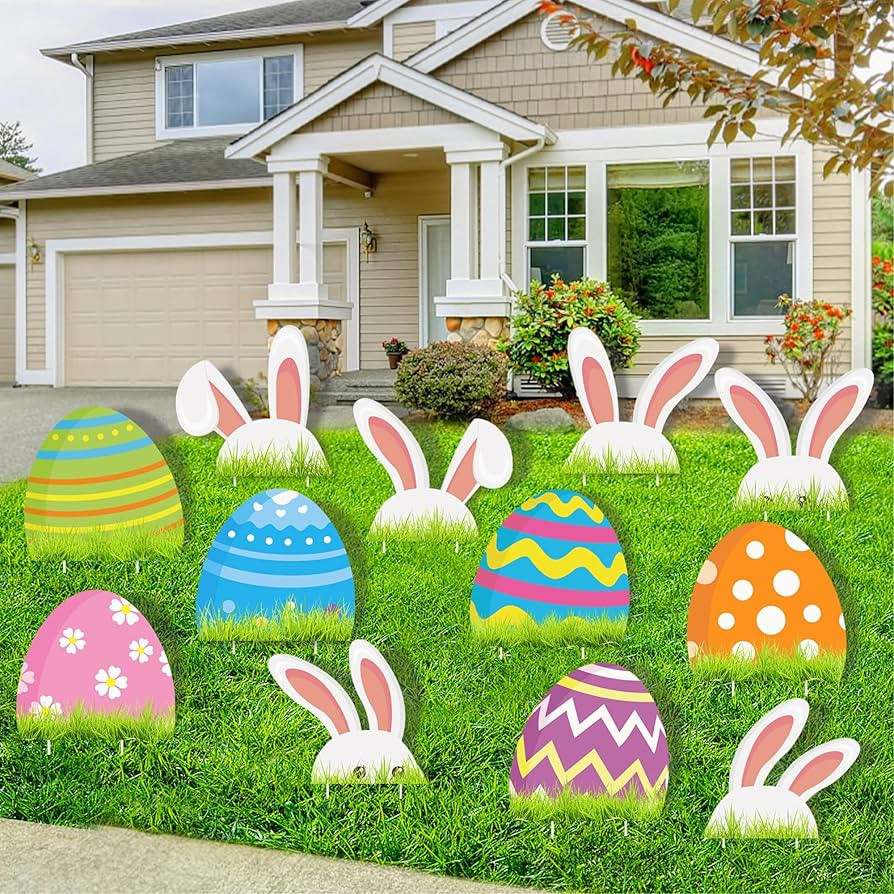 12 PCS Easter Yard Sign Decorations Outdoor, Easter Bunny Eggs Yard Signs with Stakes, Waterproof... | Amazon (US)