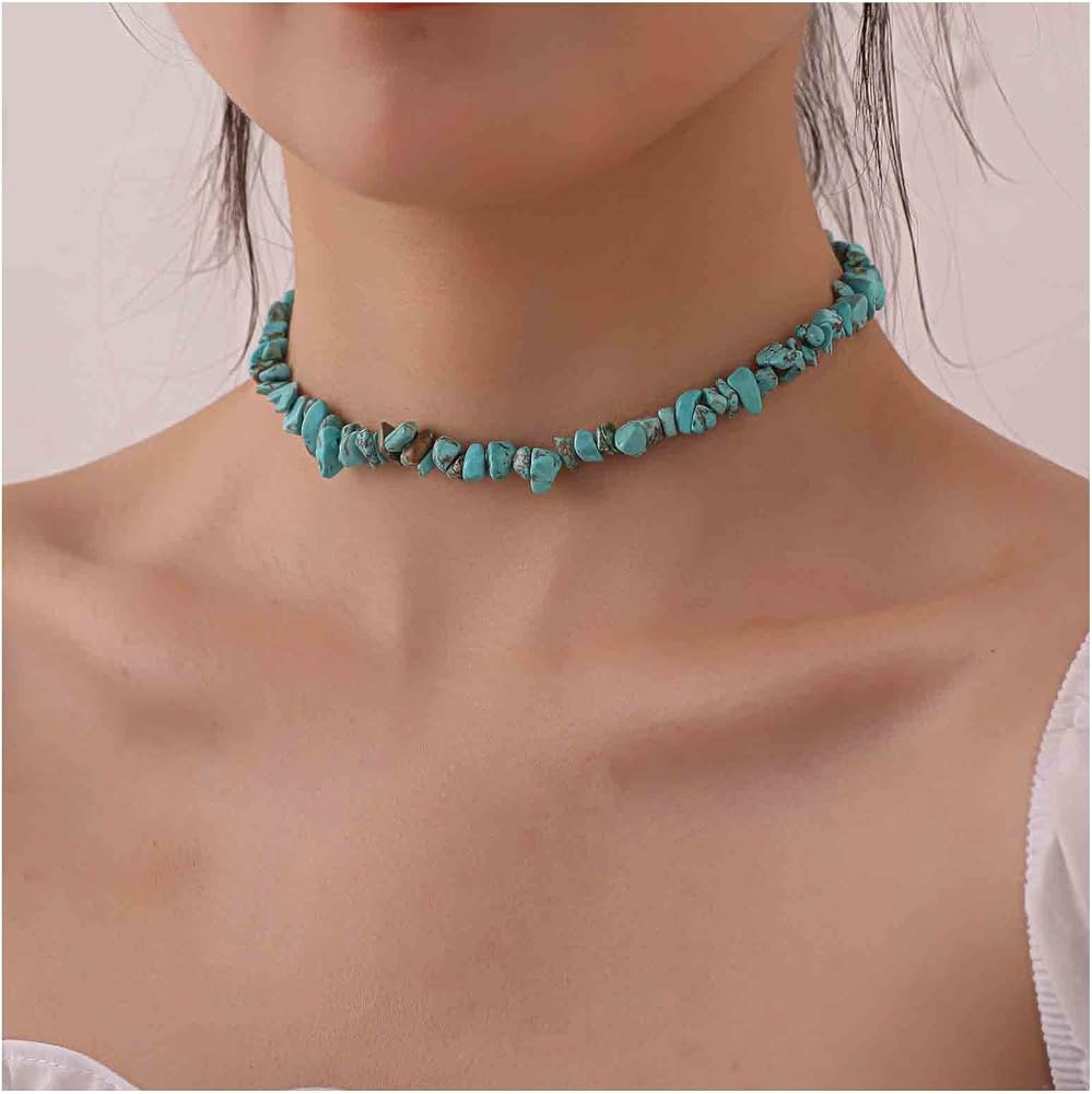 Yheakne Boho Turquoise Bead Choker Necklace Short Irregular Turquoise Necklace Blue Gemstone Bead... | Amazon (US)
